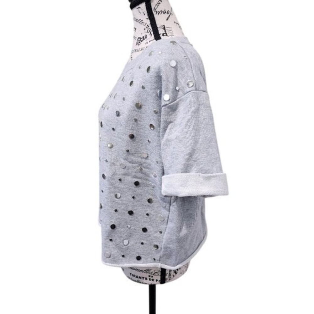 Michael Kors Gray Silver Mirror Dot Embellished Short Sleeve Sweatshirt Size M - Picture 4 of 8